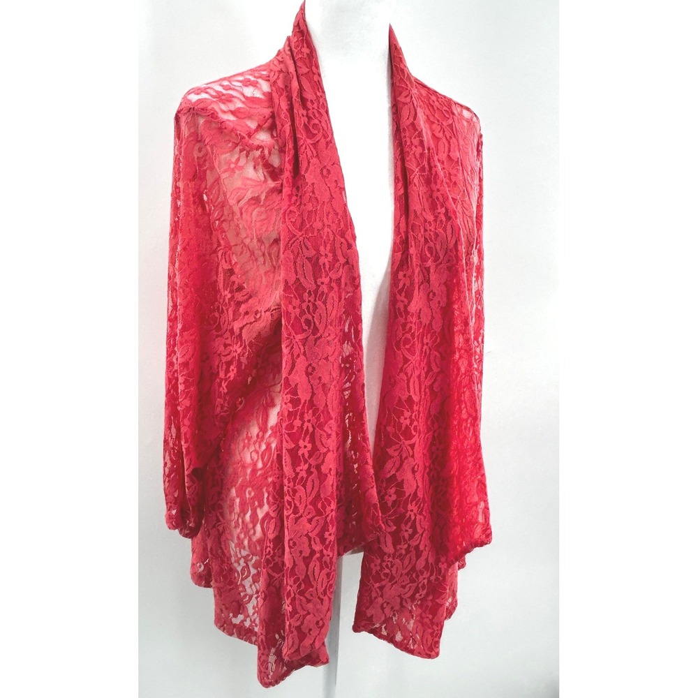 Travel Elements XL Lace Open Front Cardigan Sheer Floral Duster Cover Up Coral